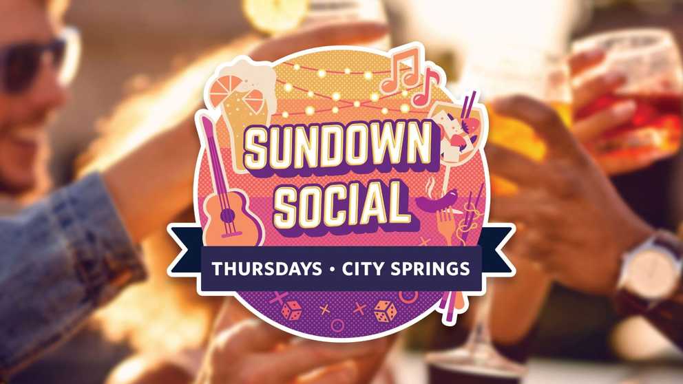 Emblem for Sundown Social, it features string lights, mixed drinks, a guitar, music notes, and dice. It reads, 